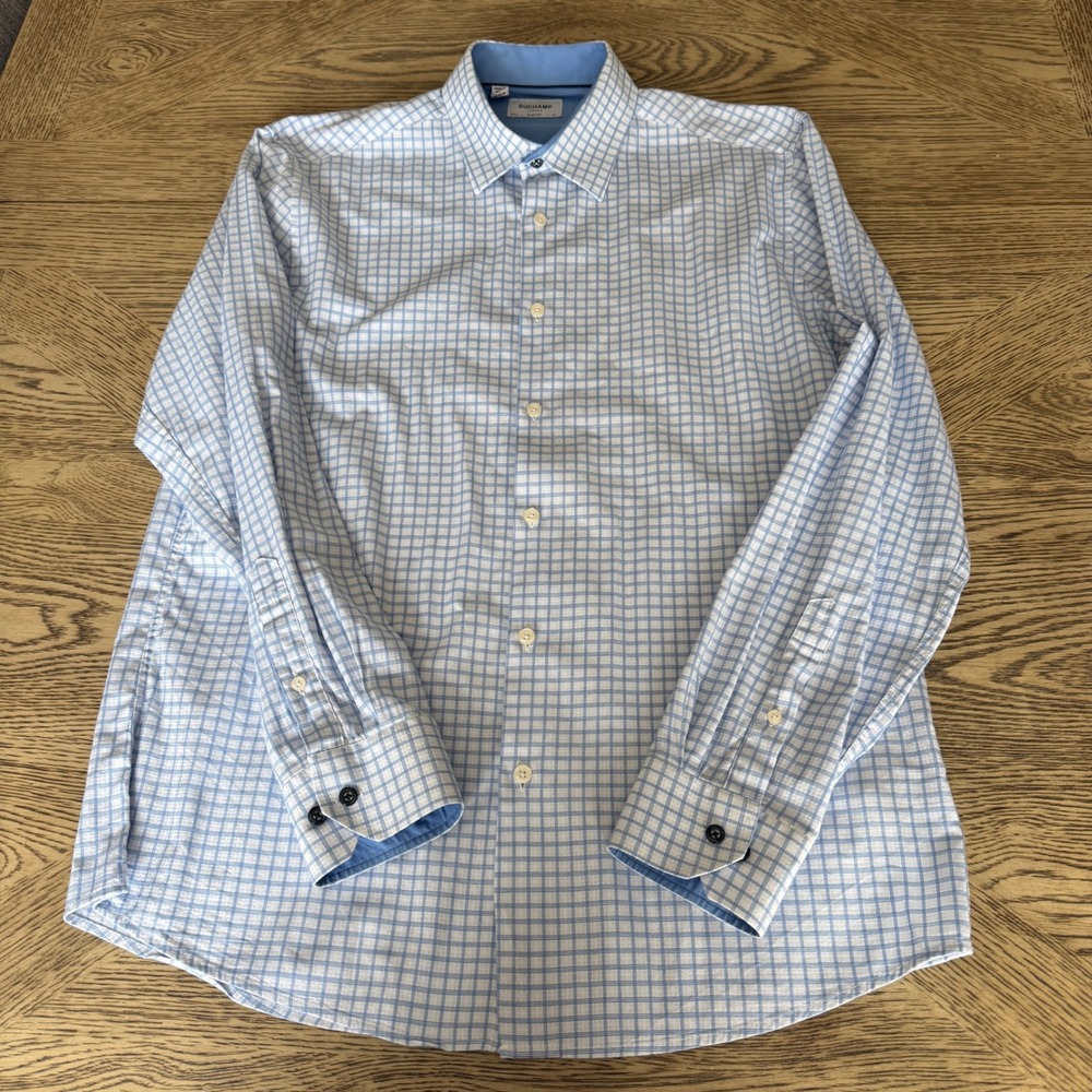 Duchamp London Mens Slim Fit Blue White Grid Check Button Down Shirt 16.5 L 42